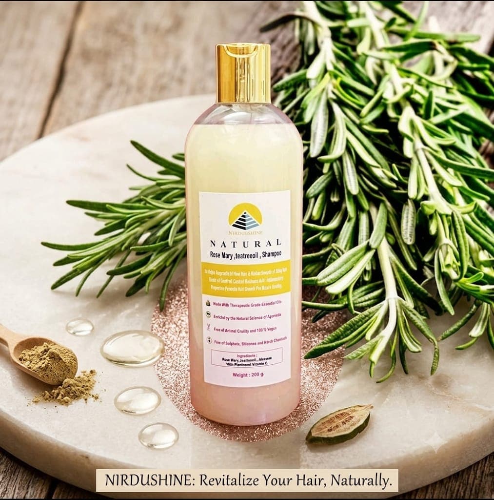 Nirdhushine Rose Mary shampoo styled with fresh herbs on a wooden apothecary shelf